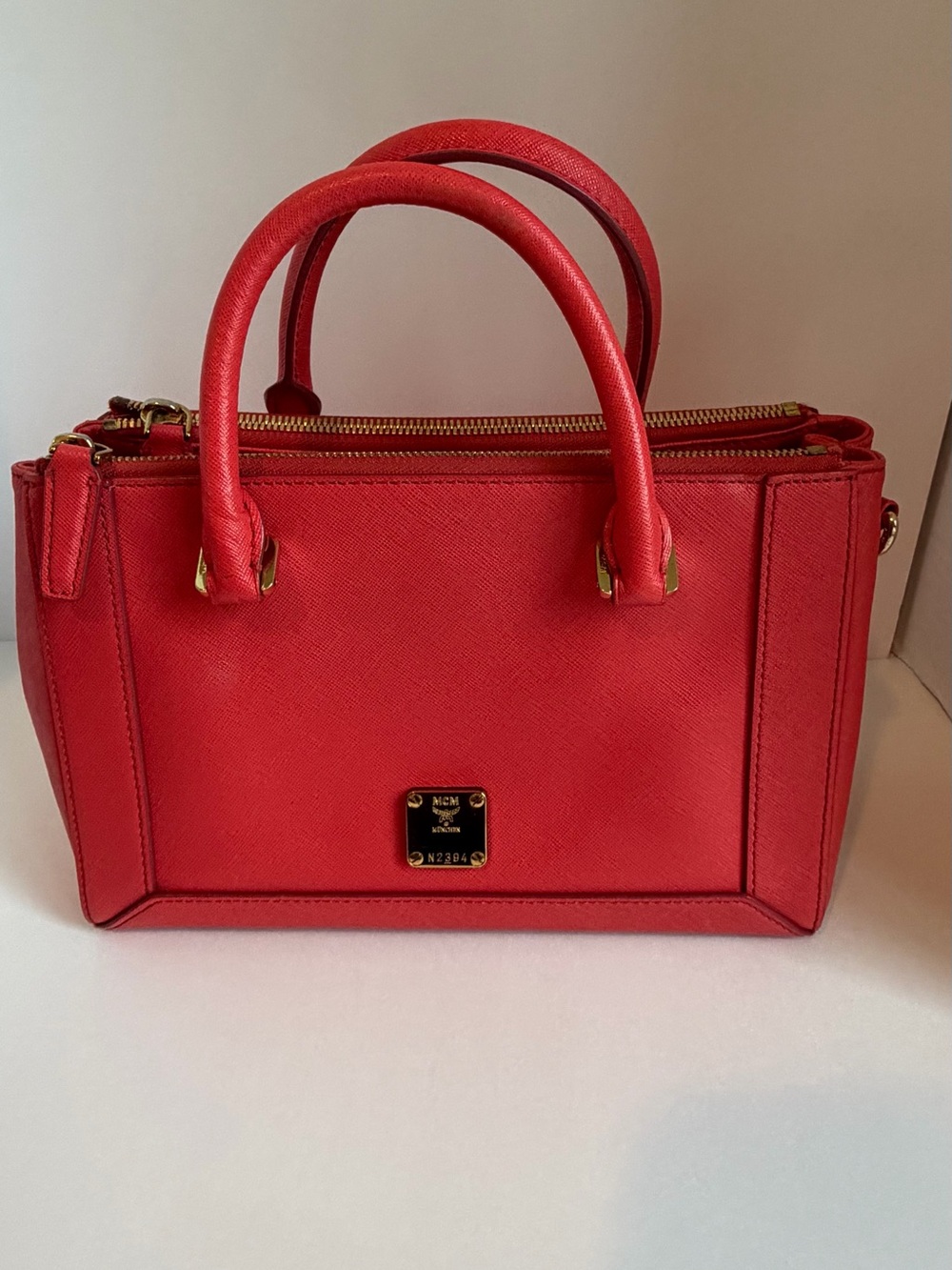 MCM  Leather Double-Handle Satchel with Gold Hardware